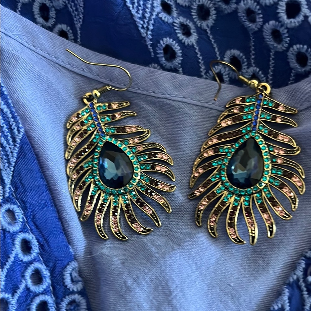Peacock pierced drop earrimgs. 2-1/4 inch x 1-1/4 wide. Gold tone multi-colored